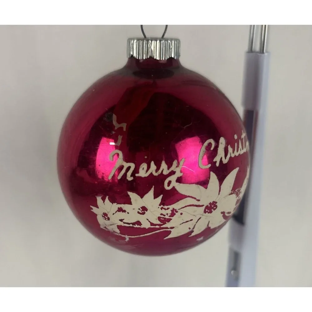 Shiny Brite Christmas Ornament Pink Merry Christmas Mercury Glass Stencil